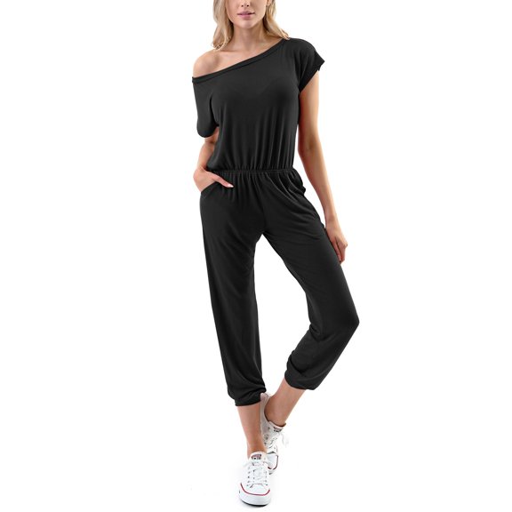 Fashionazzle Women's Sexy Off Shoulder Elastic Waist Beam Foot Jumpsuit Rompers