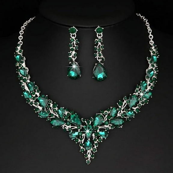 1Set Necklaces for Women, Green Stainless Steel Necklace Earrings Set with Bright Rhinestone is the Perfect Decorative Jewelry for Parties Valentine Day and Wedding