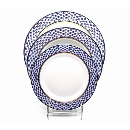 - Place Setting 3-pcs, Lomonosov Porcelain, Russian Cobalt Blue Net, 24K Gold