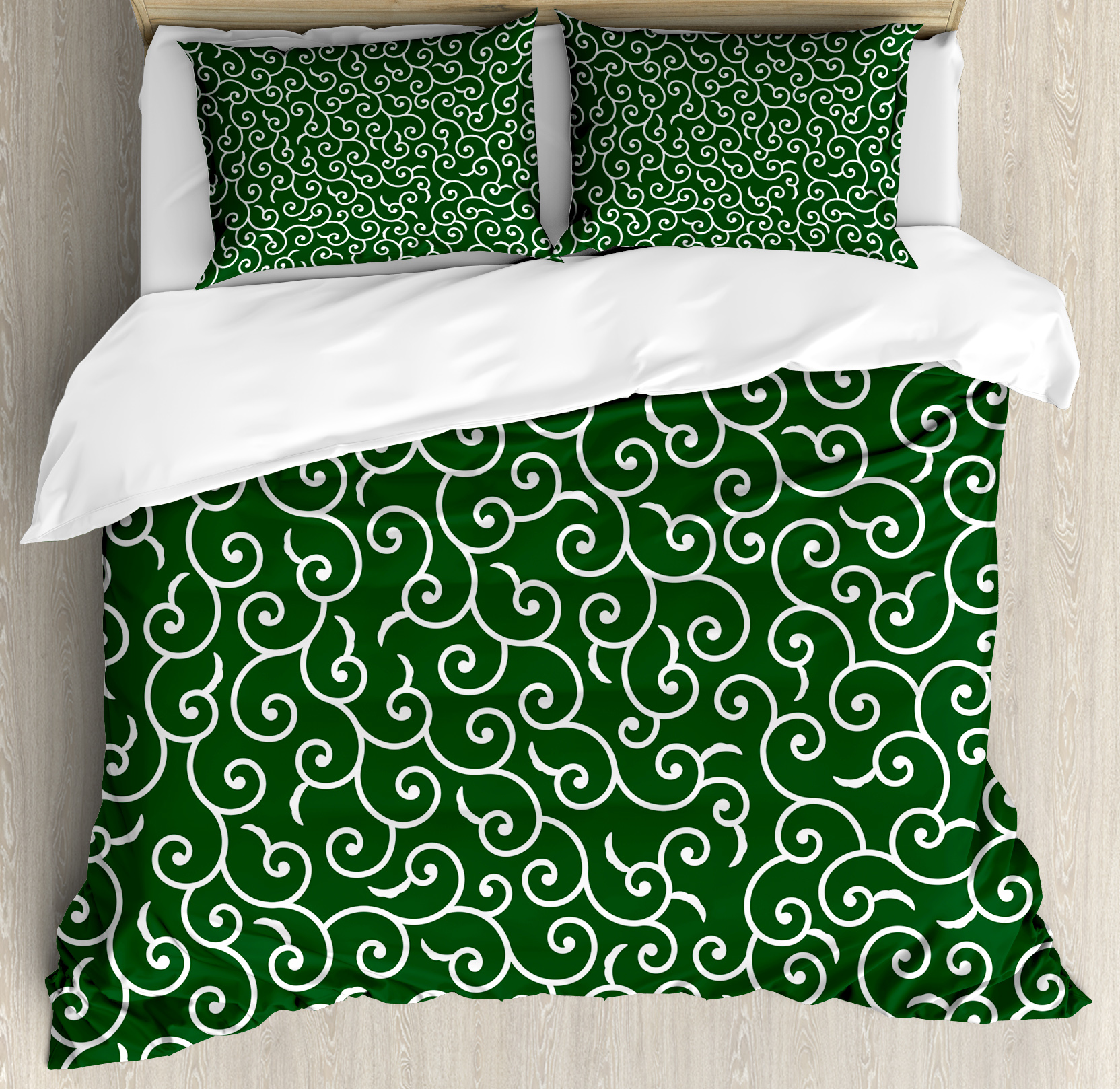 Green Duvet Cover Set, Traditional Ancient Japanese Pattern with