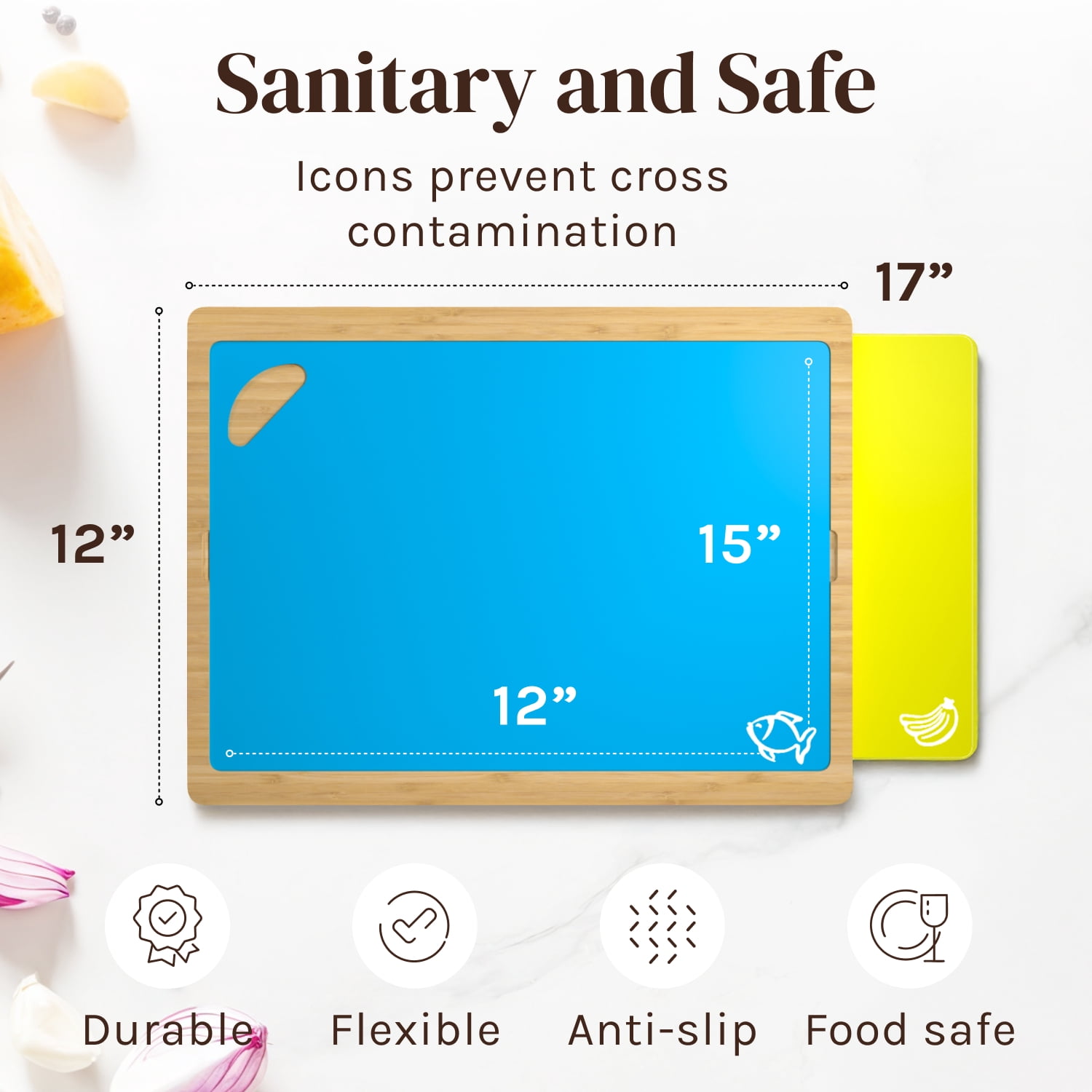 Easy-to-Clean Bamboo Wood Cutting Board with set of 6 Color-Coded Flexible Cutting Mats with Food Icons - Chopping Board Set