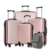 OKAKOPA 4 Piece Hardside Luggage Travel Set W/ Backpack Hard Shell Suitcase,Pink (18 inch 20 inch 24 inch 28 inch)