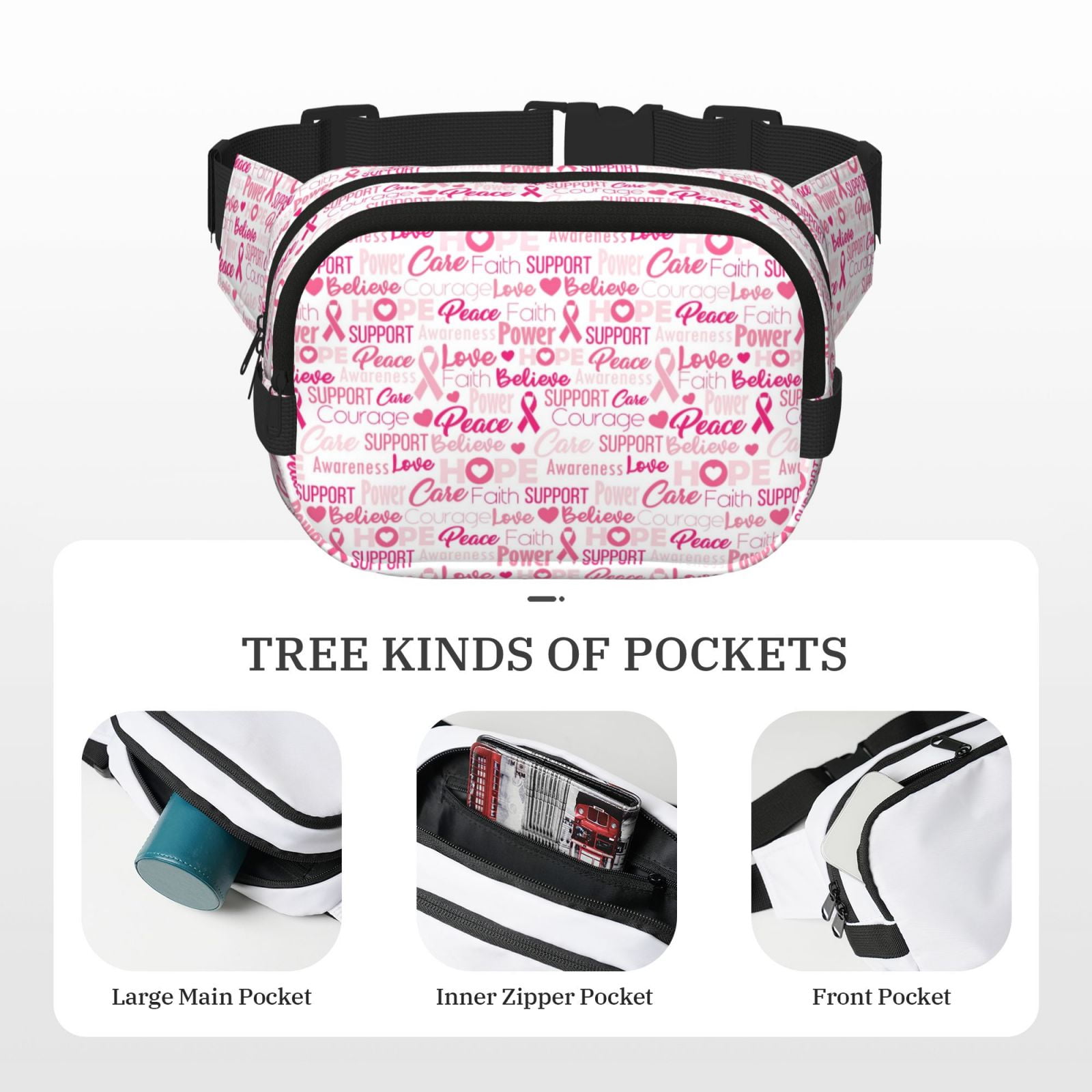 Picia Breast Cancer Ribbons Awareness Print Square Double-Layer Waist Bag Mini Adjustable Waist Belt Bag Exercise Running Travel Hiking