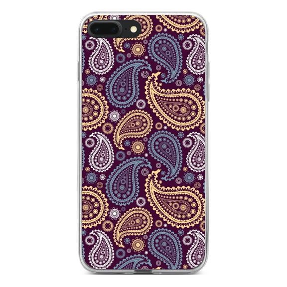 DistinctInk Clear Shockproof Hybrid Case for iPhone 7 PLUS / 8 PLUS (5.5" Screen) - TPU Bumper, Acrylic Back, Tempered Glass Screen Protector - Purple Yellow Blue Paisley
