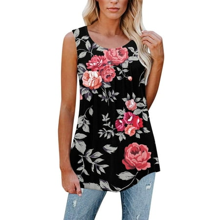 

Women Round Neck Sleeveless Floral Tunic Top Casual Loose Shirt Tank Topwomen tanks loose fitting and camis dressy for summer with in bra sets crop white tops cropped