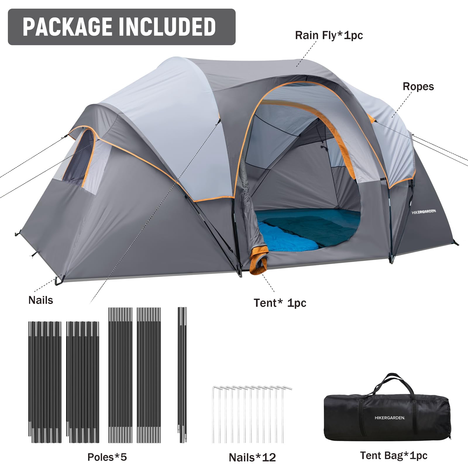 Hikergarden 10 Person Camping Tent - Portable Easy Set Up Family For Camp  Windproof Fabric Dome Outdoor Hiking Backpacking Traveling-14'x11'x74in(h)