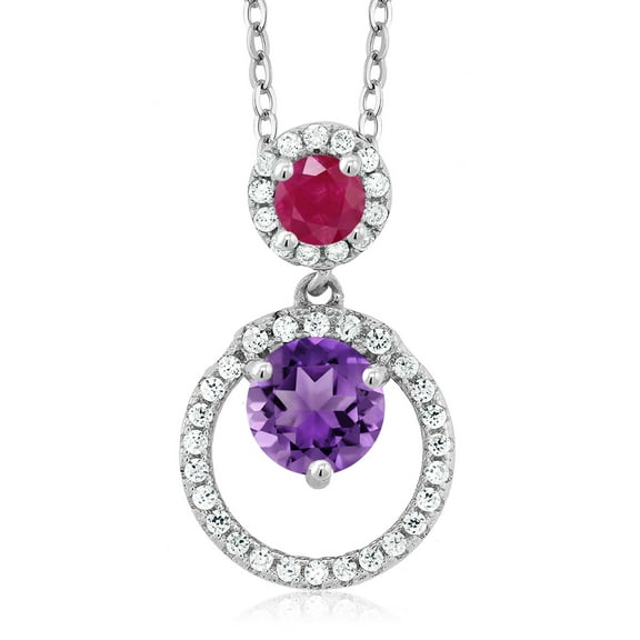 Gem Stone King 925 Sterling Silver Purple Amethyst and Red Ruby Pendant Necklace for Women (1.95 Cttw, Gemstone February Birthstone, Round 6MM and 4MM)