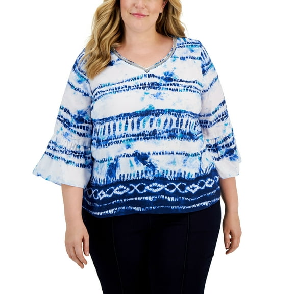 JM Collection Plus Size Printed Bell Sleeve Top Bright White 4X