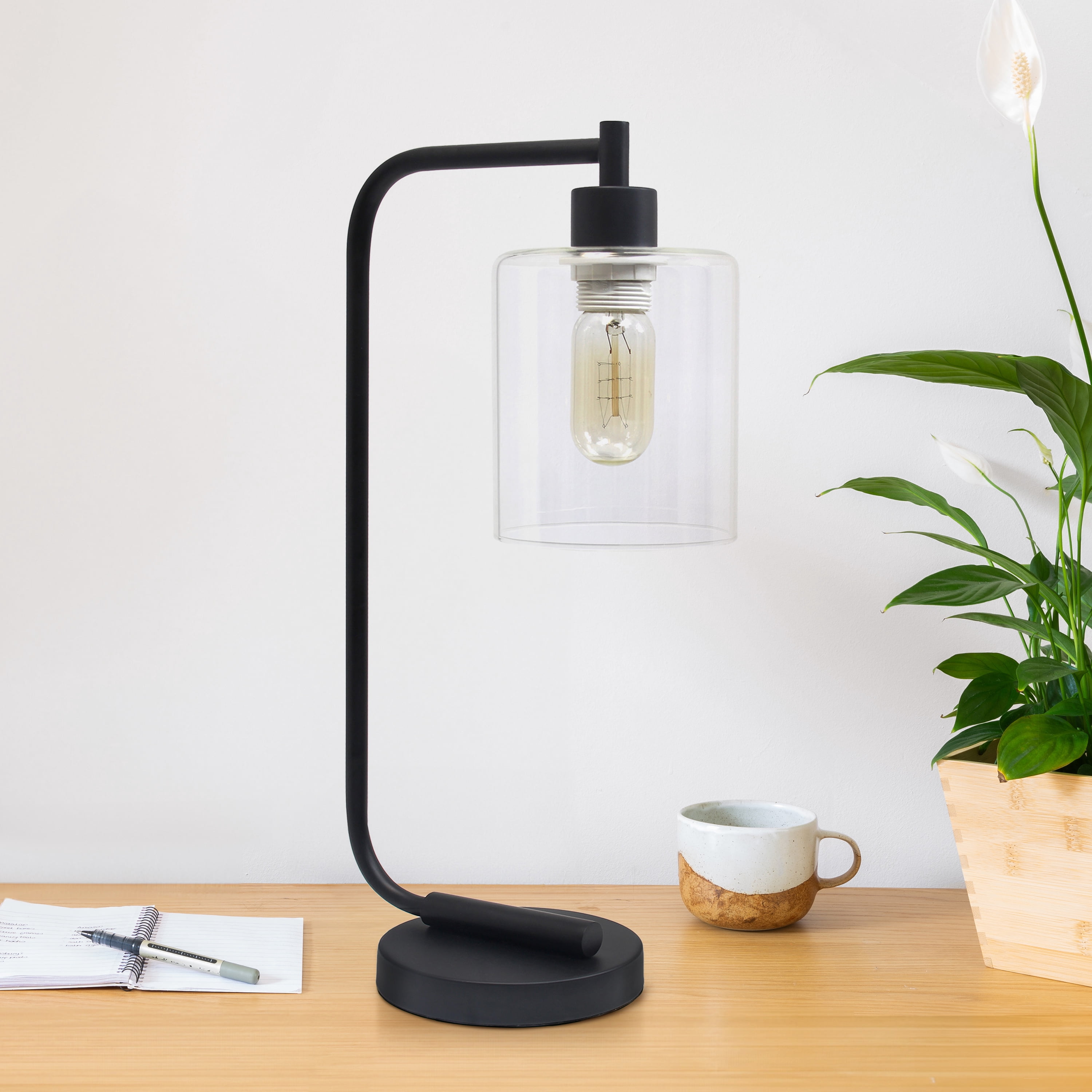 Creekwood Home 18.8" Vintage Industrial Curved Arm Desk Lamp with Clear Glass Shade, Black