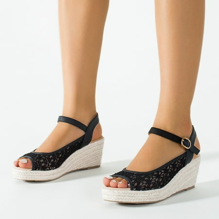 

XIAQUJ Women Sandals Summer New Pattern Lace Fashion Thick Bottom Wedge Comfortable Non Slip Buckle Strap Shoes Sandals for Women Black 7.5(39)