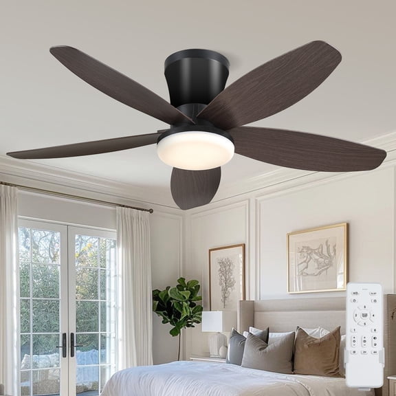Phorus 36" Low Profile Ceiling Fan with LED Light, Remote/APP Control, Quiet Reversible DC Motor, Dimmable Modern Ceiling Fan for Bedroom, Brown