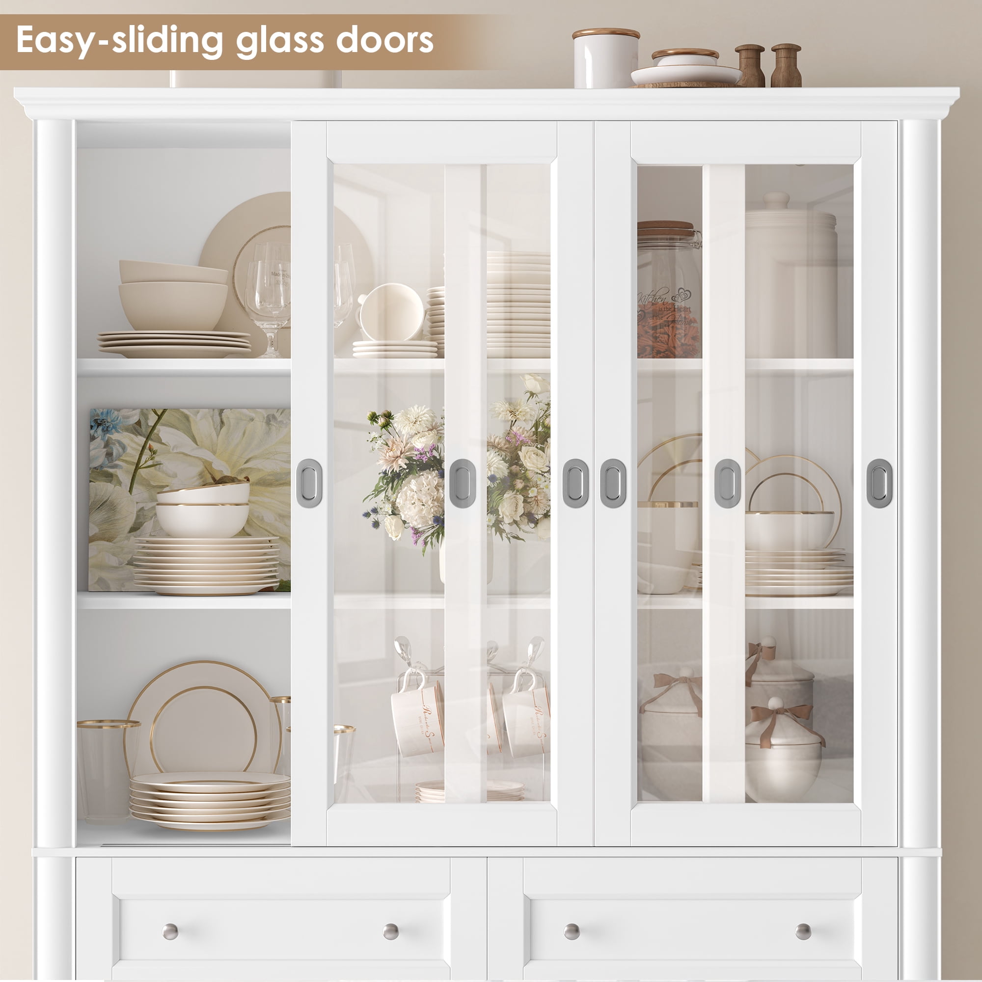 Homfa White Bookcase with Sliding Glass Doors, 73.5" Standard Bookcase with 2 Drawers, 5-tier Freestanding Storage Cabinet for Home Office Living Room