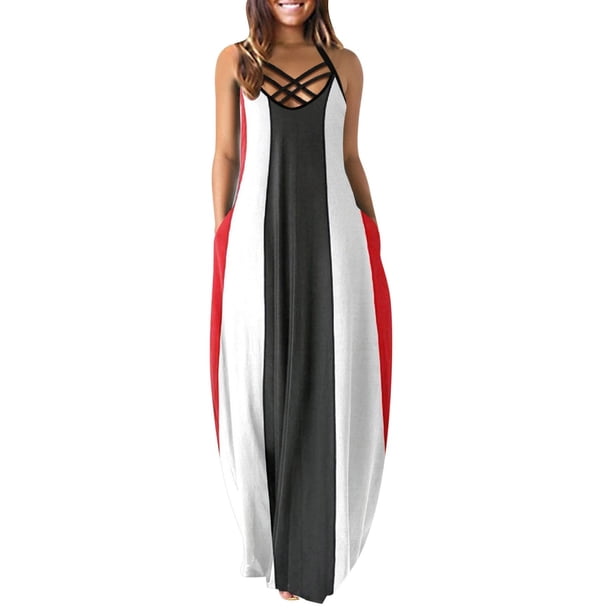 Maxi vestidos de mujer verano casual cuello en V sin mangas vacaciones playa bolsillos vestido largo Fridja hjkh6713