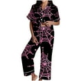 thumbnail image 2 of FDGIU Women's Halloween Pajamas Fashion Short Sleeve Turndown Collar Pajama Pockets Halloween Print Pants Elastic Waist Set, 2 of 5