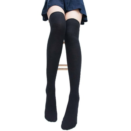 

2Pcs Winter Women Warm Thigh High Knitted Long Socks Over Knee Stockings Black
