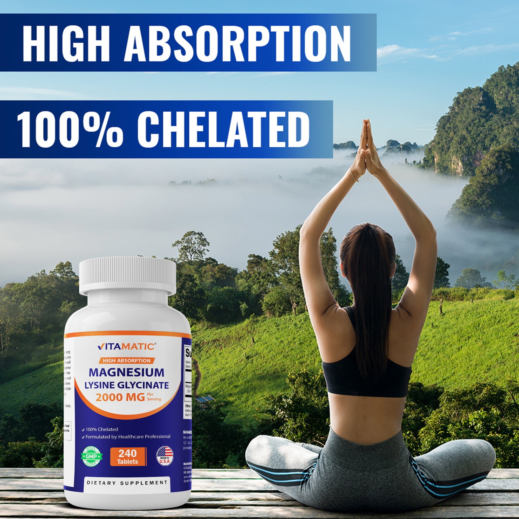 Vitamatic Magnesium as Glycinate Lysinate – 240 Tablets – 100% Chelated Magnesium - Supports Muscle Relaxation, Heart, Nerve Health* – Non-GMO, Gluten & Soy Free - 2 Pack