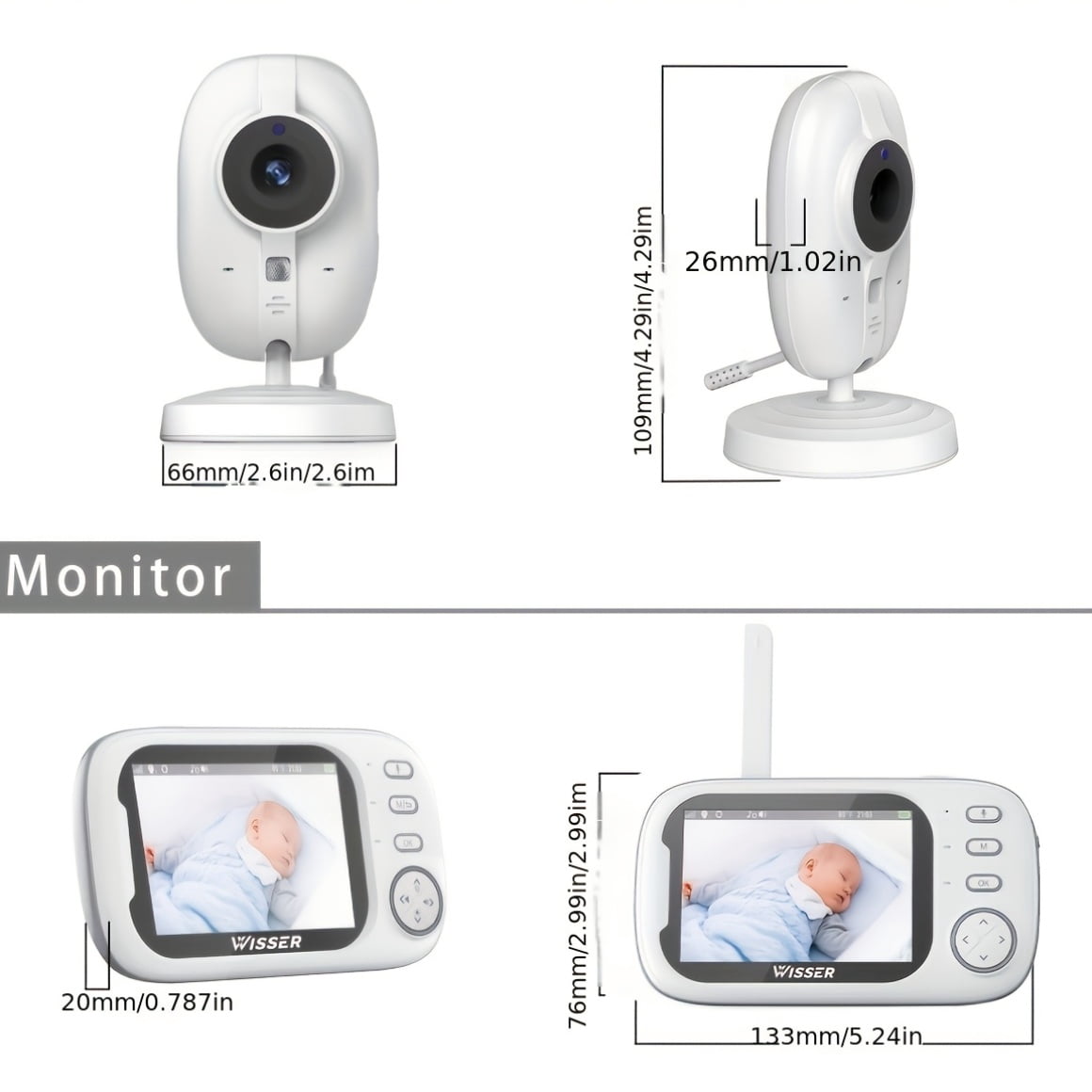 3.5" LCD Baby Monitor, 1296P HD, Auto Night Vision, VOX Mode, Two-Way Audio, Cry Detection, Temp Sensor, 8 Lullabies, Wireless USB-Powered