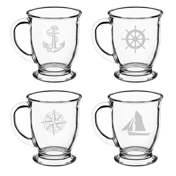 Set of 4 Glass 16oz Coffee Mug Tea Glass Gift Anchor Compass Sailboat Nautical Collection