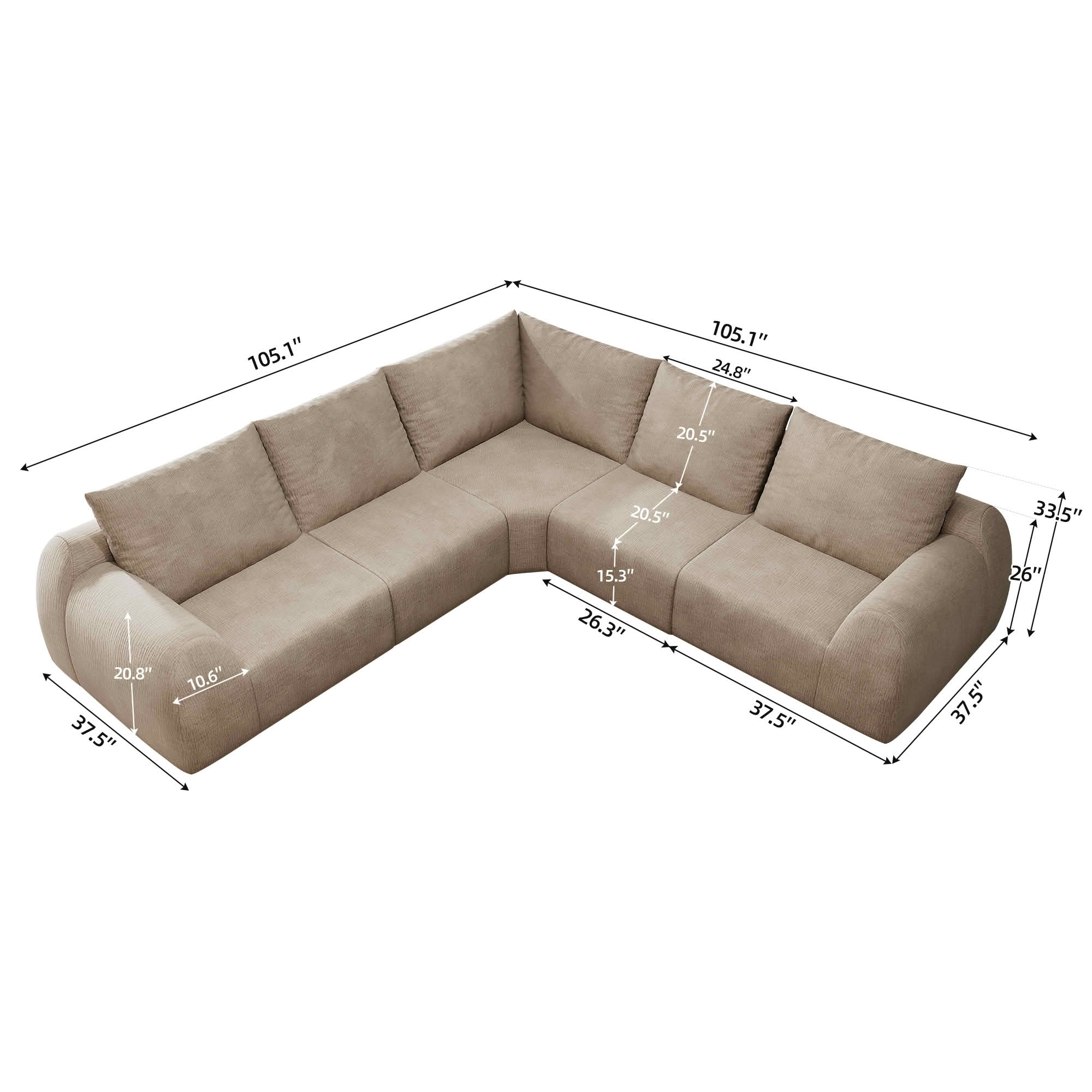 MAYEERTY 105" V Shaped Modular Cloud Sectional Sofa, 5 Seats Vacuum Compressed Chenille Couch, No Assembly Required Oversized Fabric Sofa