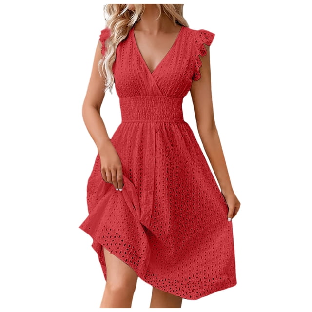 Kcodviy Robe Maxi Décontractée Mi-Longue pour Femmes, Robe en Dentelle Jacquard Ajourée, Robe Chemise Ajustée à Col en V, Robe Portefeuille pour Femmes, Été, Grande Robe pour Femmes