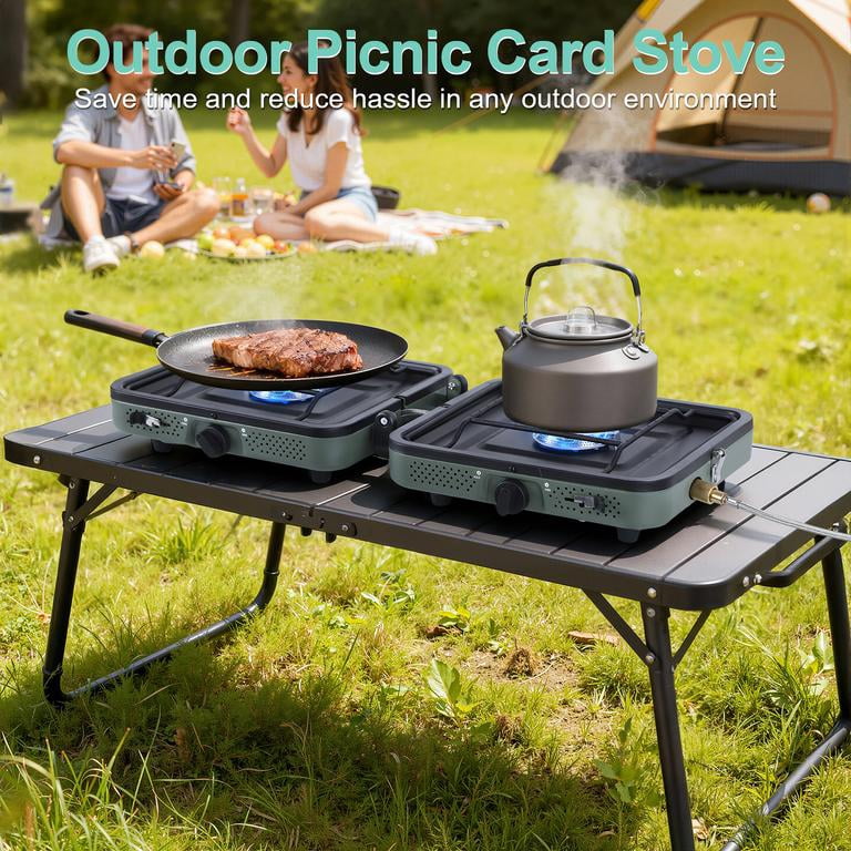 2 Burner Camping Stove with Windshield, 20000 BTU Propane Camp Stove, Portable Folding Gas Stove, Camping Essentials Gear Includes Frying Pan,Carry Bag, Green