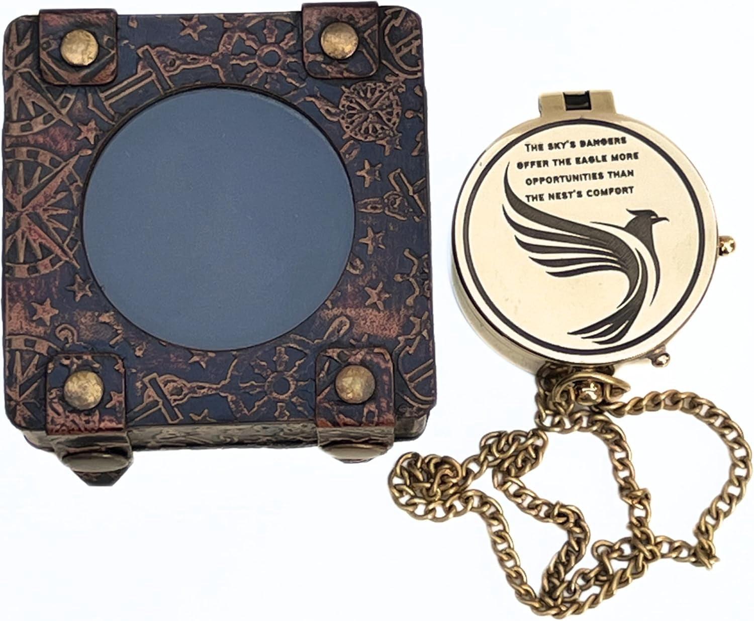 Shiny Brass Pocket Compass Engraved Flying Eagle with Quotes for Camping Hiking Travelling Magnetic Navigational Instrument Directional Device Collectible Item