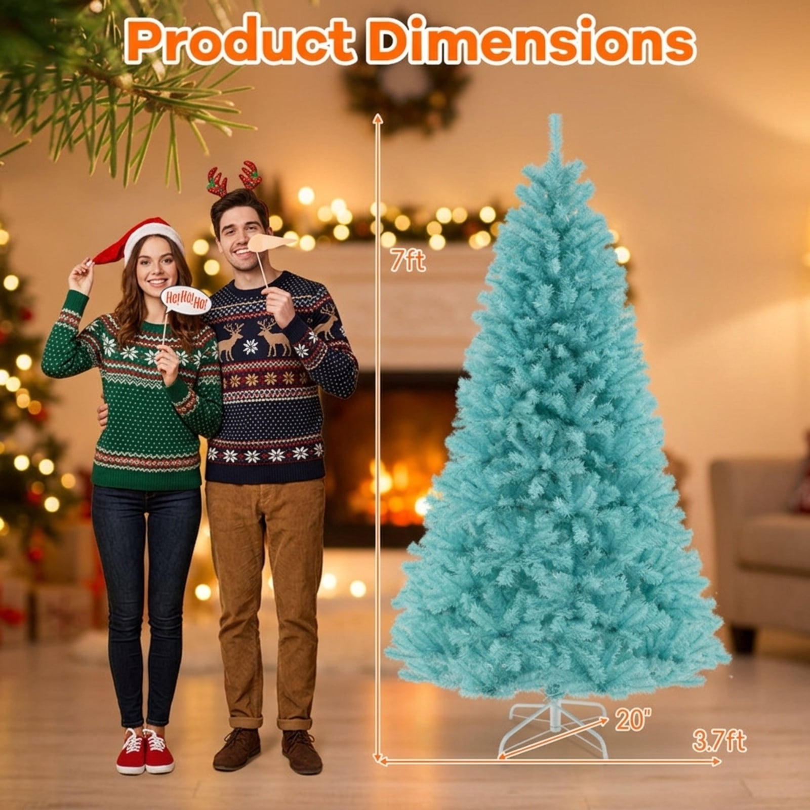 RUIE 7 ft Blue Christmas Tree, Pre-Lit Artificial Xmas Tree with 380 LED Lights, 1040 Branch Tips and Foldable Metal Stand