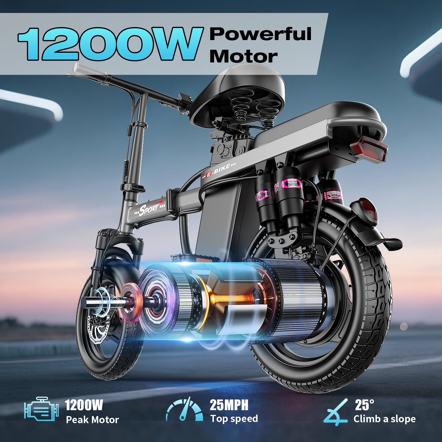 ASKGO 1200W Electric Bike for Adults Teens, 48V 14Ah Folding Ebike, 25MPH & 30 Miles Range, 14" Commuting Ebike with Dual Suspension & Dual Brake, 3-Speed Modes, Portable Electric Mini Bike,UL2849