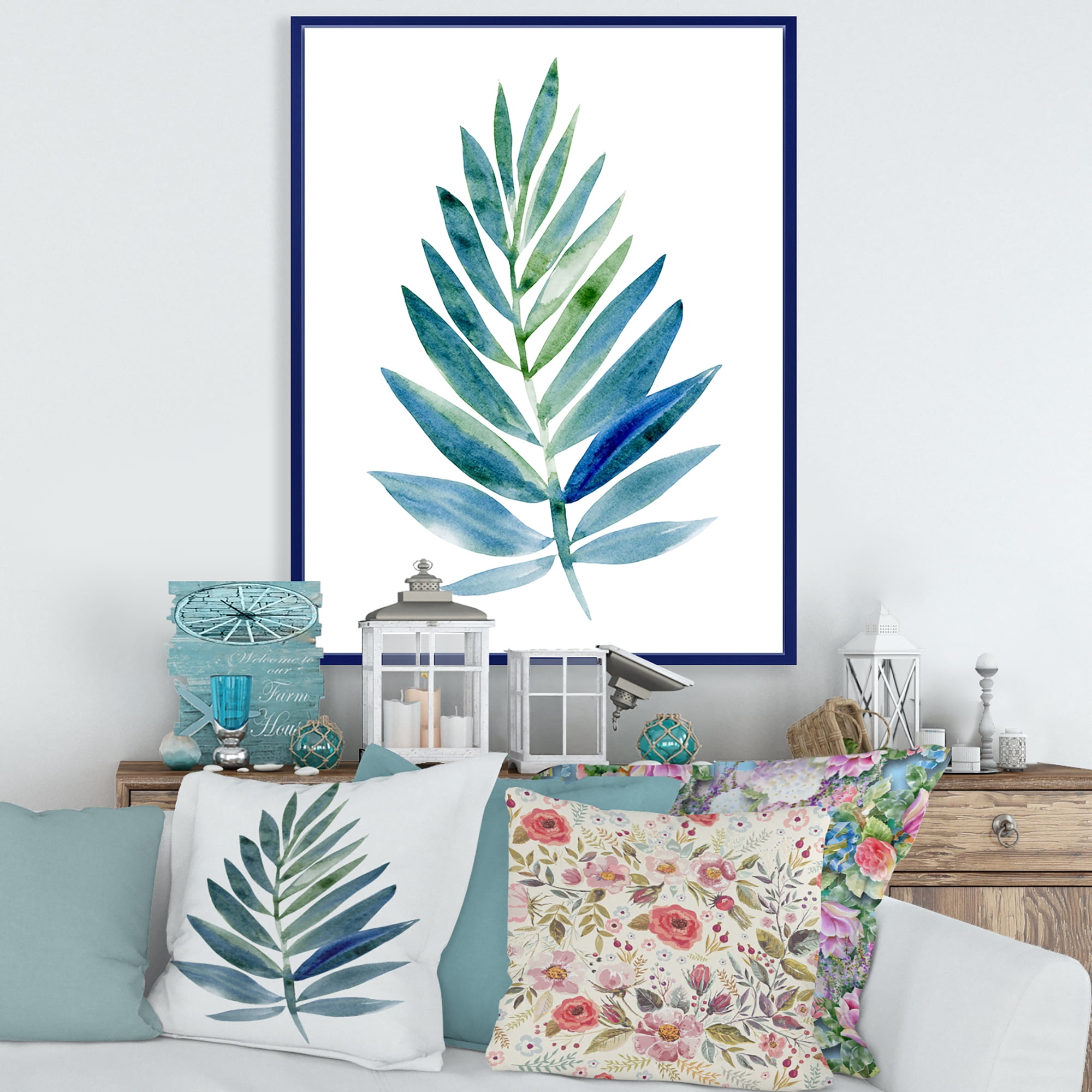Designart 'Tropical Green Leaf On White' Farmhouse Framed Canvas Wall Art Print