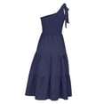 thumbnail image 4 of Wycnly Maxi Dresses for Women Sleeveless Slash Neck Solid Summer Long Dress Elastic Waist Smocked Swing Slit One Shoulder Dresses Navy M, 4 of 5