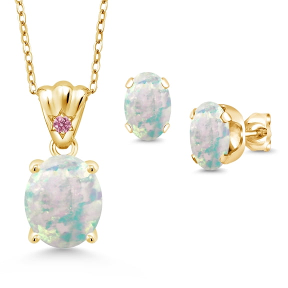 18K Yellow Gold Plated Silver Opal and Pink Lab Grown Diamond Pendant and Earrings Jewelry Set for Women (4.04 Cttw, Gemstone Birthstone, Oval Cabochon 11X9MM and 8X6MM with 18 inch Silver Chain)