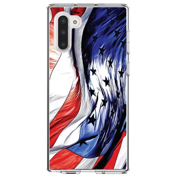 DistinctInk Clear Shockproof Hybrid Case for Samsung Galaxy Note 10 (6.3" Screen) - TPU Bumper, Acrylic Back, Tempered Glass Screen Protector - Red White Blue United States Flag Waving - America