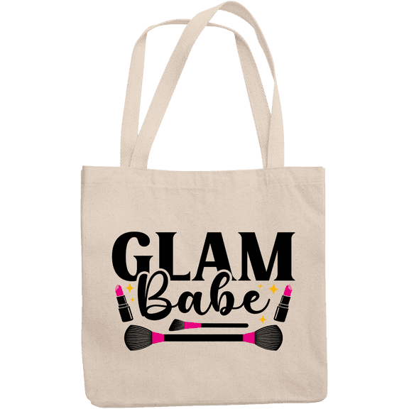 12oz Canvas Tote Bag - Glam Babe with Pink Lipsticks and Contour & Powder Brushes Design - Beauty Themed Merch for Makeup Artist or Cosmetologist, Gift for Makeup Lovers & Beauticians