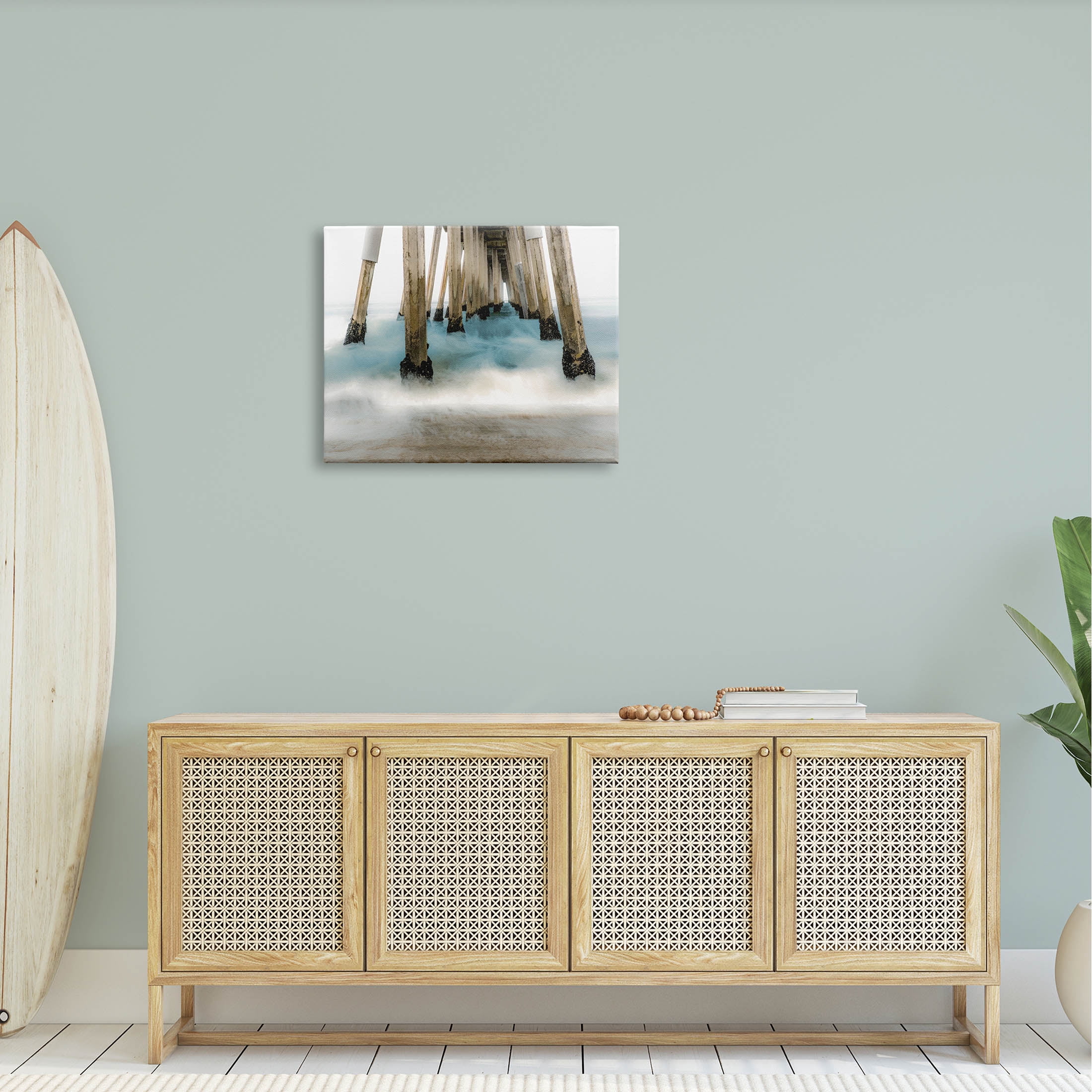 Waterfront Pier Splashing Sea Waves Coastal Graphic Art Gallery Wrapped Canvas Print Wall Art