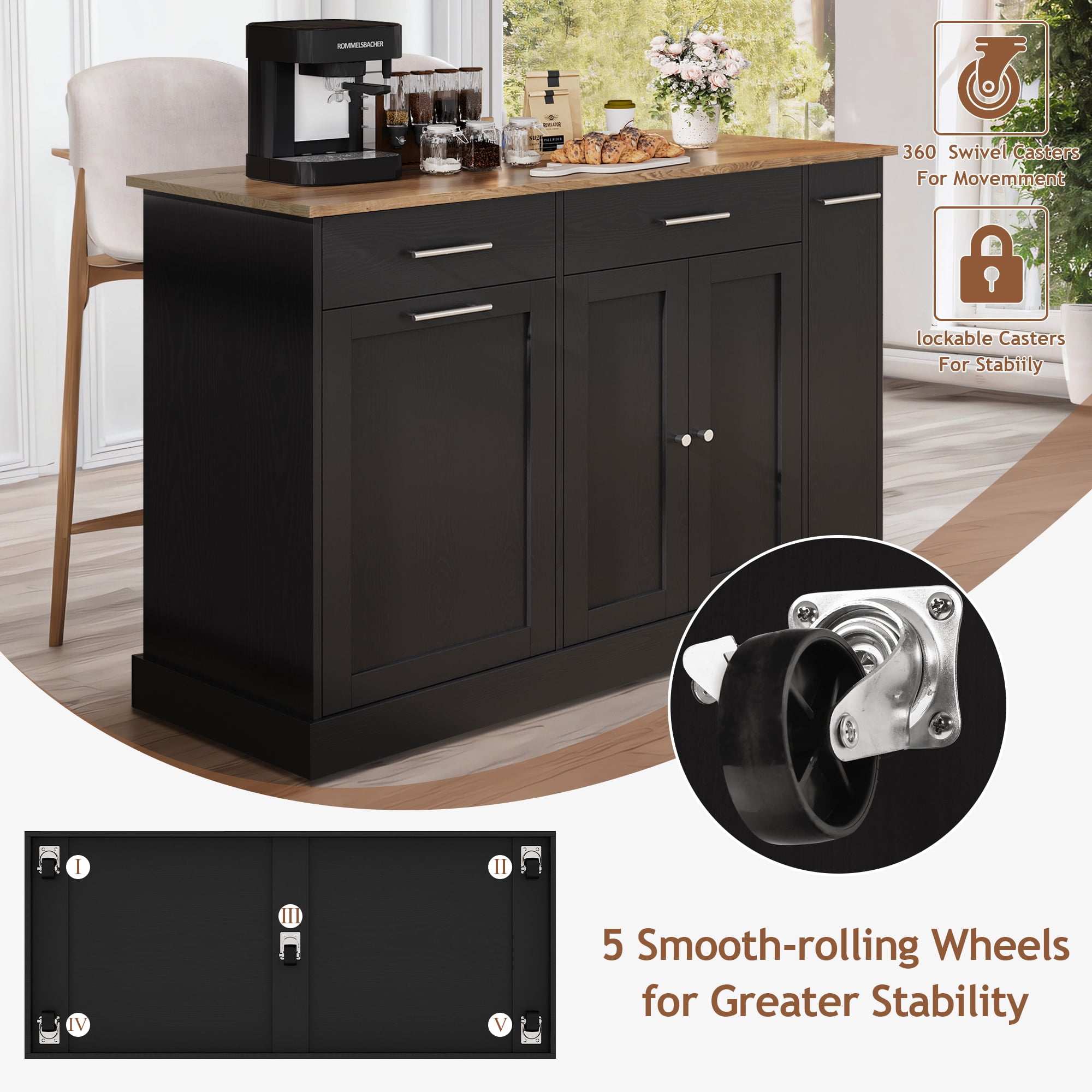 DreamCurship 52" Kitchen Island with Storage, Rolling Kitchen Cart Island with Wheels, Tilt Out Kitchen Trash Cabinet 10 Gallon Storage, 3 Large Spice Racks and 2 Drawers, Black and Brown