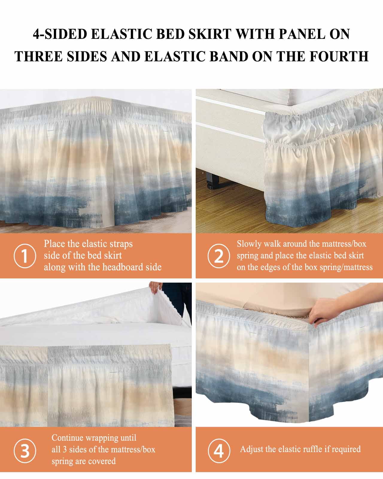Ombre Blue Navy Beige Bed Skirt King Size 16" Drop Modern Abstract Art Ruffled Wrap Around Bed Skirts Adjustable Elastic Bedskirt Dust Ruffle for King Size Bed