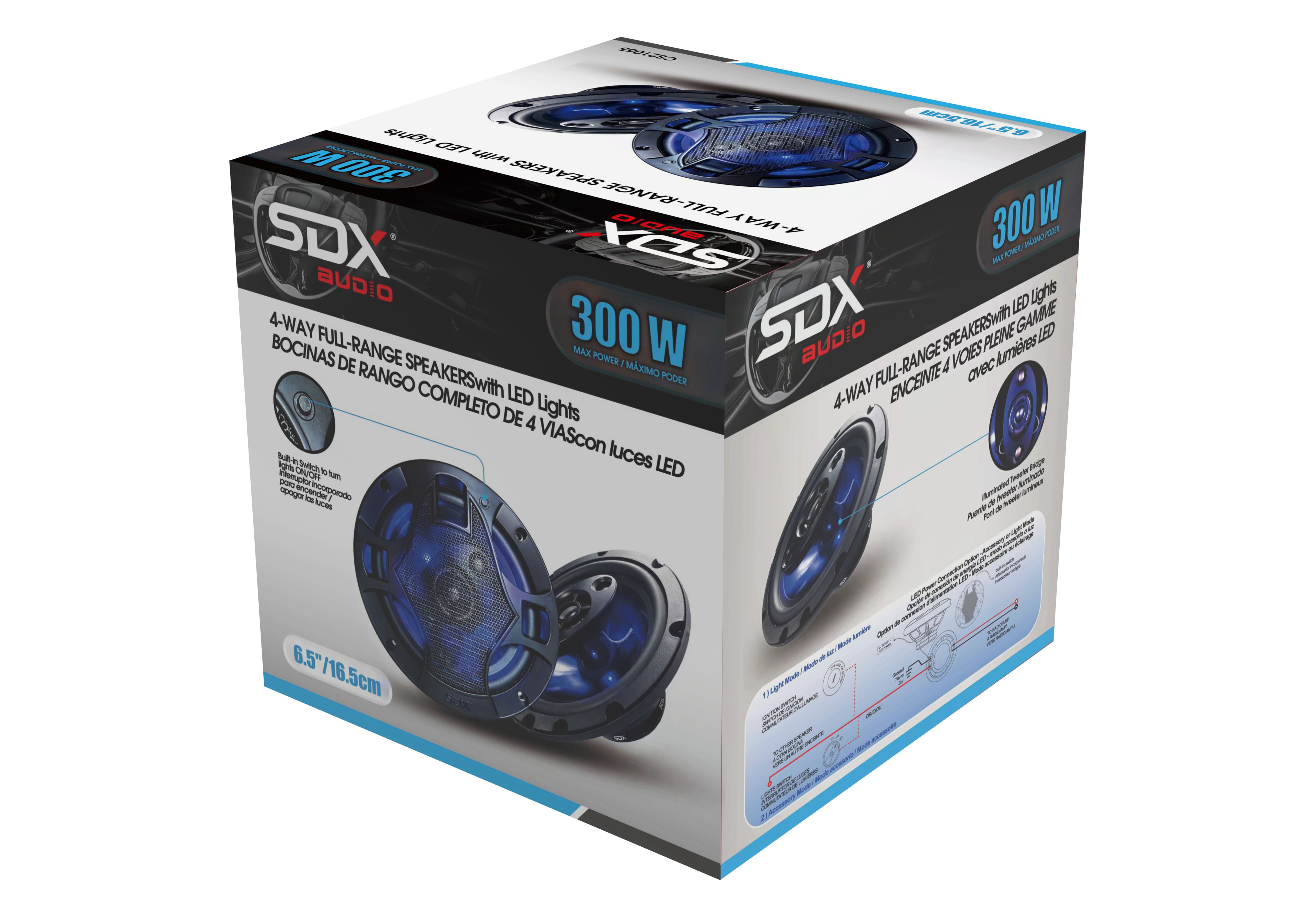 SDX Audio Systems CS21065 6.5 Inch Car Audio Door LED Speakers with switch on/off button - 300 Watts Max, 3 Way, Full Range, Coaxial, Sold in Pairs, Hook Up To Stereo and Amplifier, Tweeters