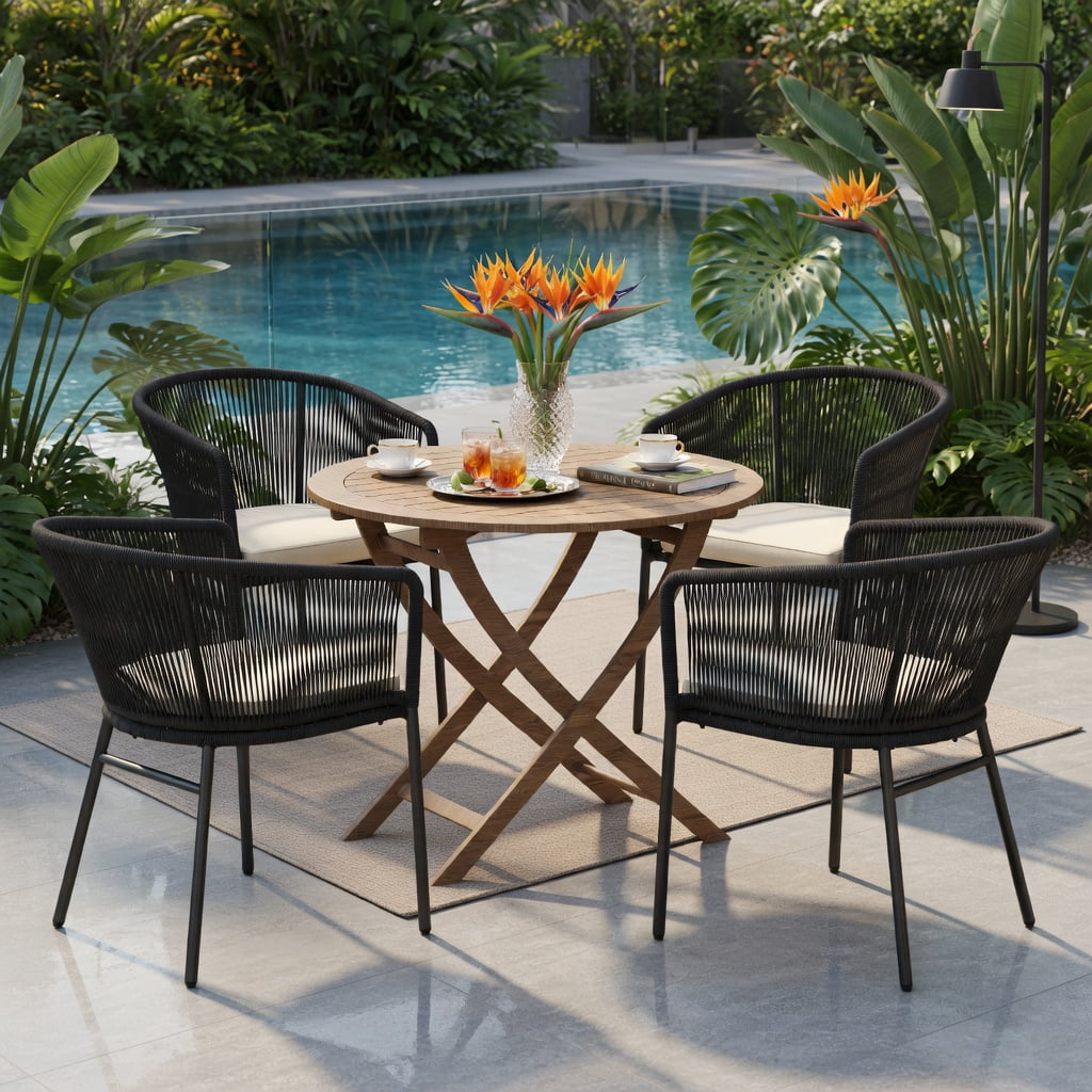 Hommoo 4-Piece Outdoor Patio Chair Set with Curved Backrest, Thick Seat Cushions & Adjustable Feet, Modern Bistro Chairs for Deck, Balcony, or Garden, Black