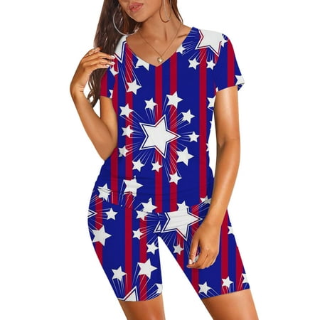 

4Th Of July Shirts Womens Summer Tops Women Independence Day Print Casual Short Sleeve Top Short Pants Pajama Set