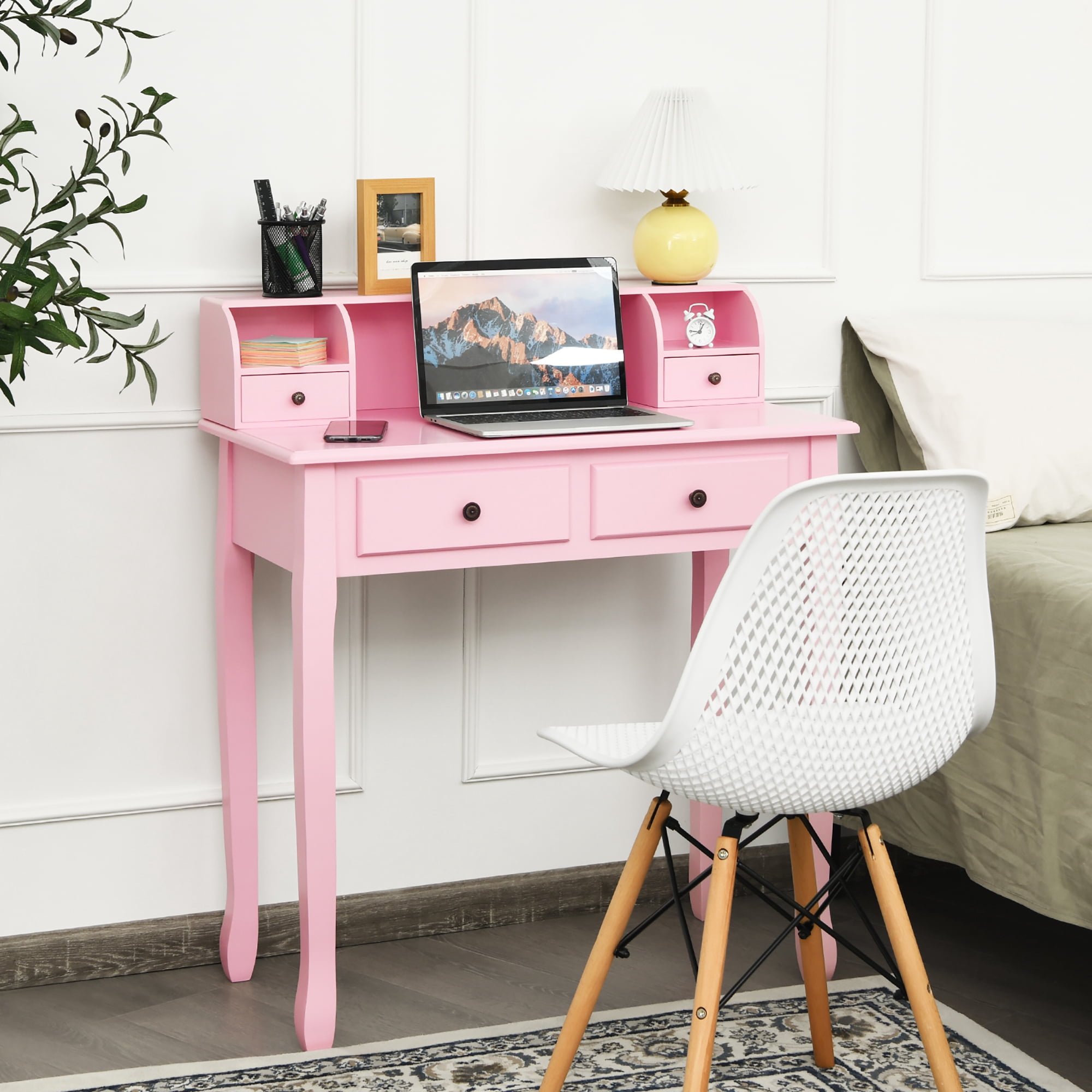 Costway Writing Desk Makeup Vanity Table Home Office Computer Desk 4 Drawer Pink