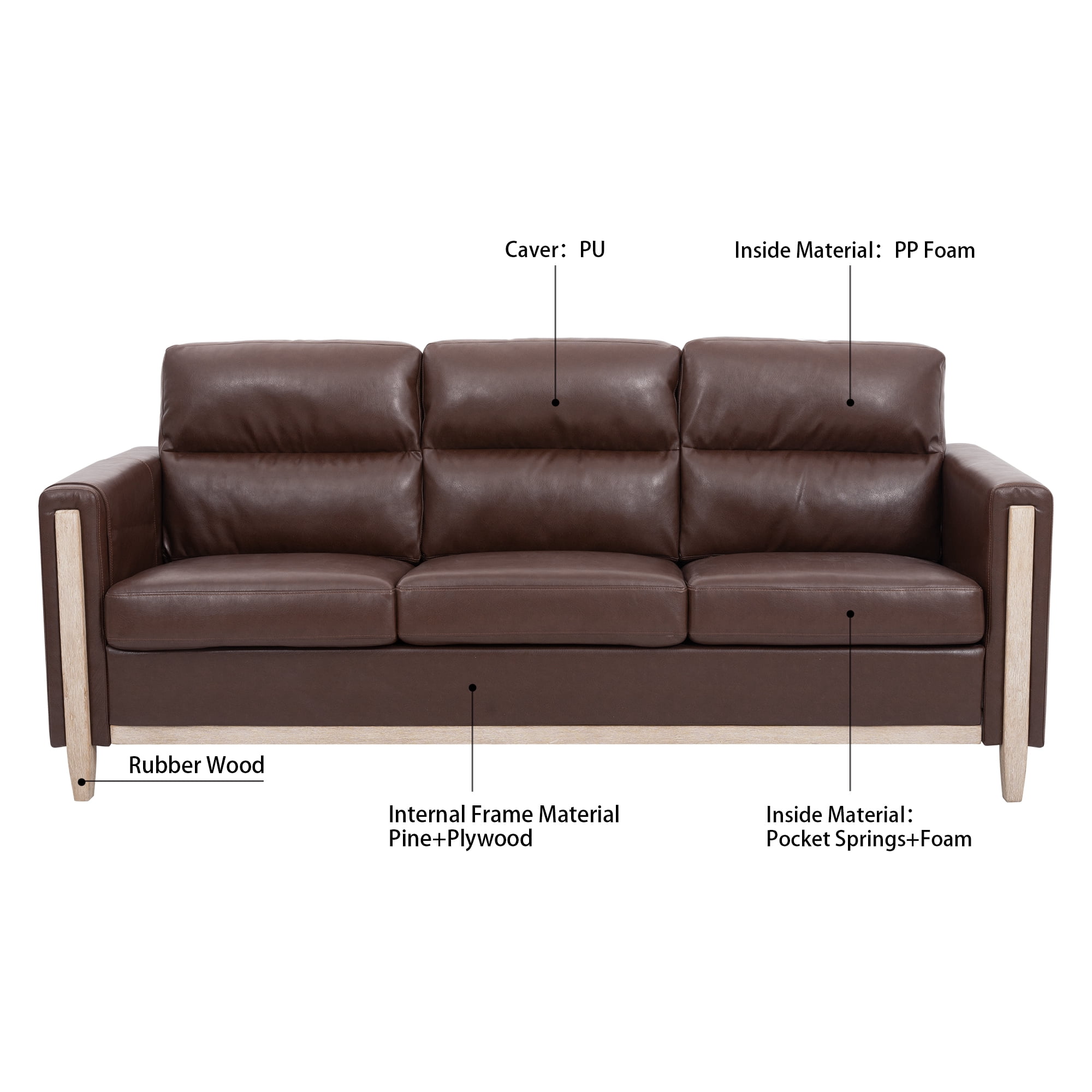 PU Leather 3 Seater Sofa,79.5" Mid Century Modern Upholstered Sofa Couch with 2 Side Storage Pockets,for Living Room,PU Brown