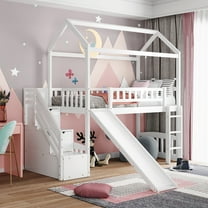 Harper & Bright Designs Twin House Loft Bed with Slide and Stairs, Loft Bed with Storage Drawers, Wood Cabin Loft Bed for Boys Girls, White