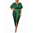 thumbnail image 3 of Women'S Satin Silky Long Sleeve V Neck Lace Up High Waist Side Split Maxi Dress Green L, 3 of 10