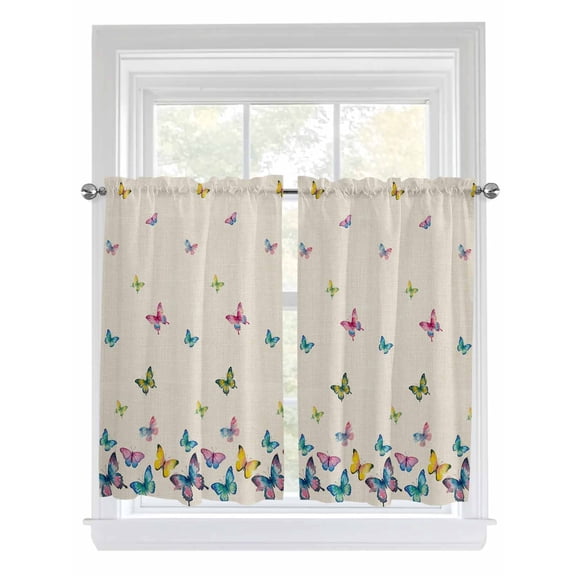 Vintage Colorful Butterfly Bathroom Window Curtain, Watercolor Butterflies Rustic Light Filtering Coffee Kitchen Curtains, Bedroom Living Room Curtains 2 Panel 84"x45"