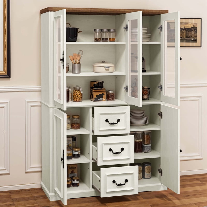 Uforic 70" Tall Pantry Cabinet with Glass Doors, Modern Farmhouse Kitchen Pantry Storage Cabinet with Drawer, White