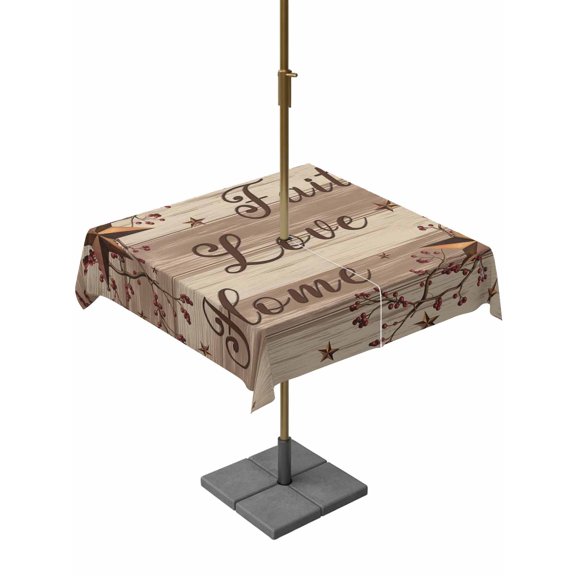 Outdoor Tablecloth with Umbrella Hole for Patio/Picnic/Party/Camping, Country Star Brown Waterproof Table Cloth Square Cover Washable, Farmhouse Vintage Plants Wooden (54"x 54")