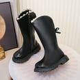 thumbnail image 2 of Girls Winter Boots Sweet Lace Fringe Bow MId Calf Riding Booties Side Zipper Round Toe Stitching Leather Long Boots Black 3 Big Kid, 2 of 5