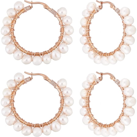 2 Pairs Hoop Earrings with Natural Pearl Hoop Earrings Hoop Earrings 40.5mm Stainless Steel Earrings Earrings Rose Gold Earring Ears Pin: 0.6mm