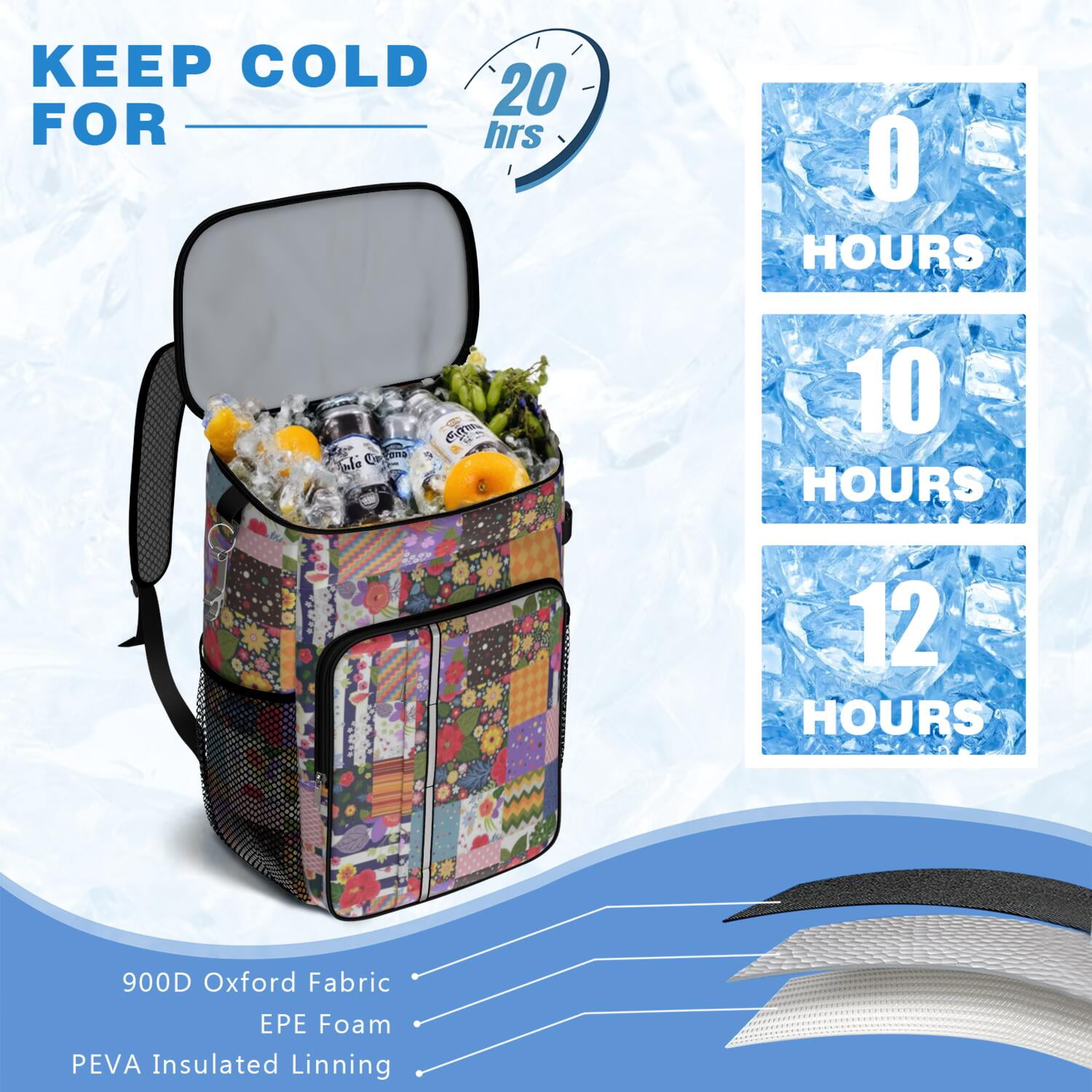 Travel Cooler Bag - Pioneer Flower Camping Beer Cooler Backpack with Bottle Opener- Waterproof Insulated Picnic Backpacks - Cooler Bag for Beach