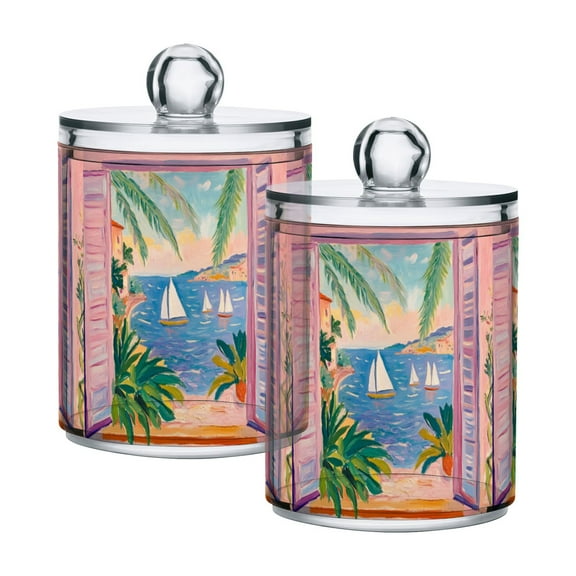 Yayeee 2 Pack Qtip Holder Bathroom Cotton Swab Canister with Lid Clear Dispenser Set, Pink Seaside Boat